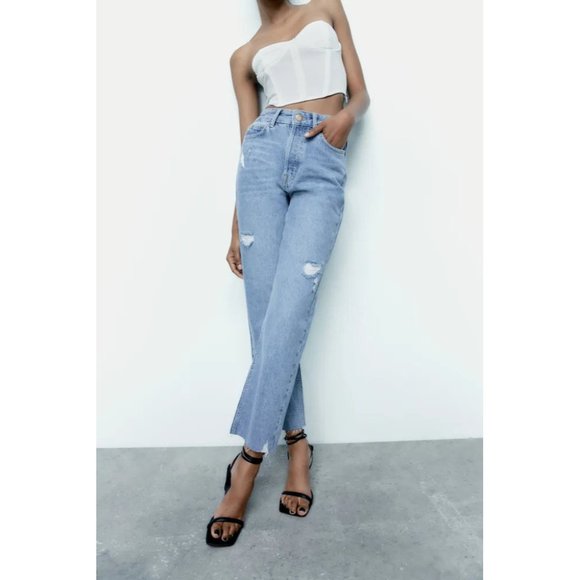 Zara Denim - Zara Light Wash Distressed High Rise Straight Jeans 10